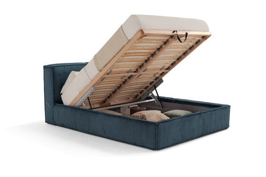 Astor storage bed with lift-up slatted base raised to show the under-bed storage compartment