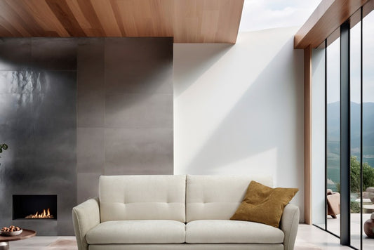 Bar sofa bed in light fabric beside a fireplace in a contemporary living room with mountain views