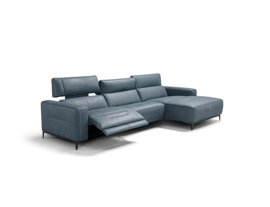 Bertè sectional sofa in blue leather with the electric recliner seat extended and headrests raised