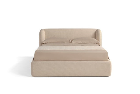 Elisa Bed front view in beige fabric with softly rounded wraparound headboard, on white background