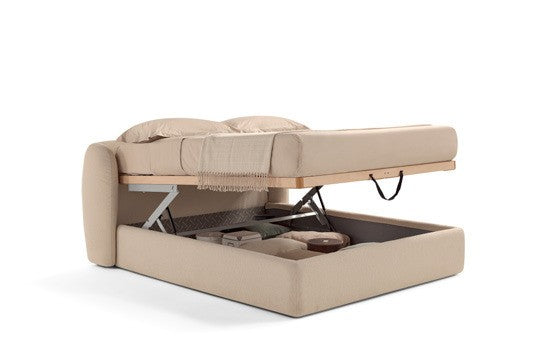 Elisa Storage Bed with double-lift mechanism raised to show the storage compartment under the bed base