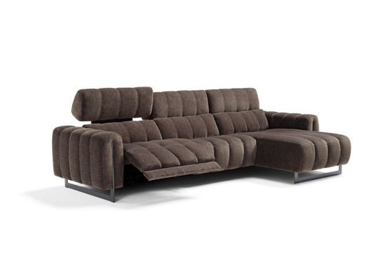 Genesi sectional sofa with chaise longue in brown chenille, reclining seat extended and headrest raised, on metal feet
