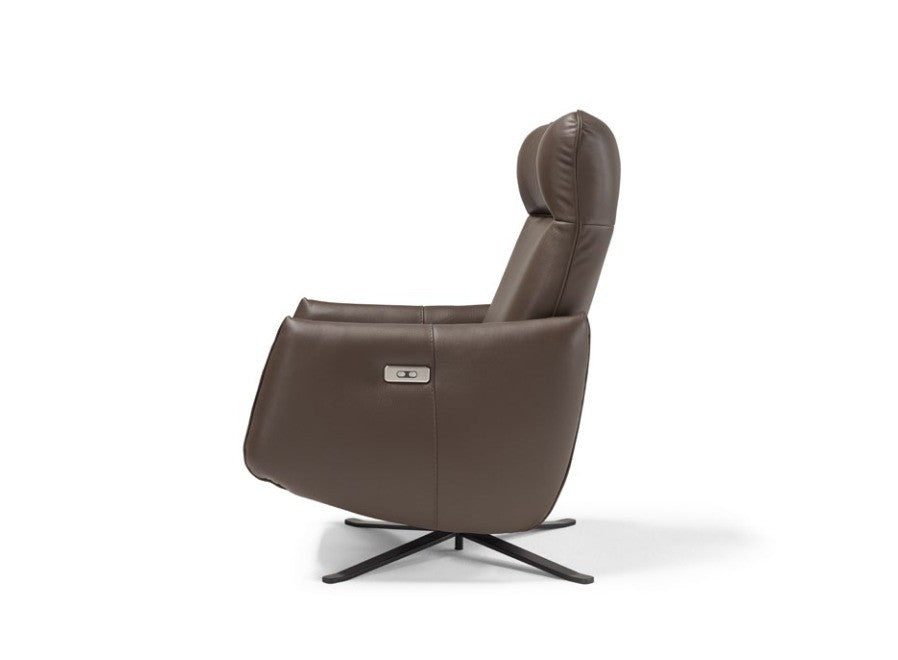 Giannetta armchair side profile in brown leather on a four-spoke black metal base with side control panel, white background