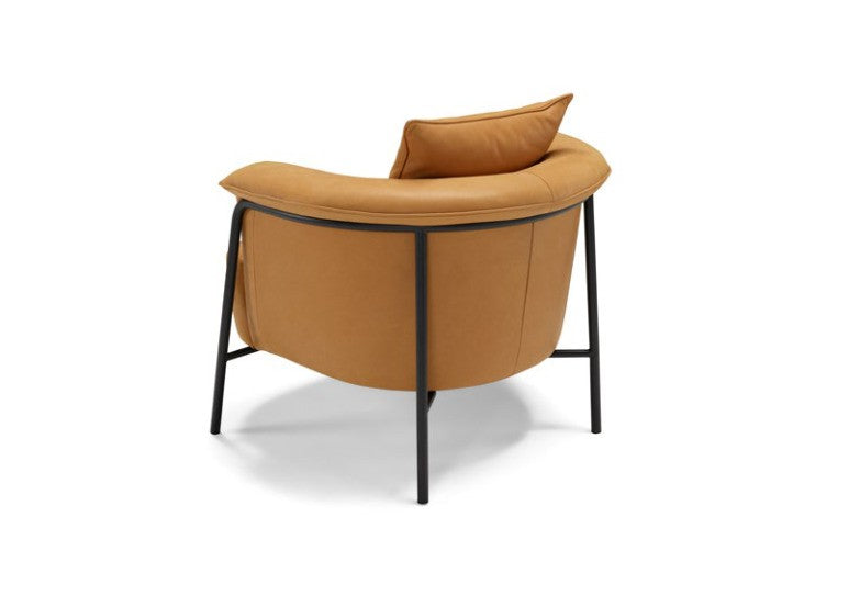 Gin armchair rear view showing the round backrest and exposed metal frame, on white background
