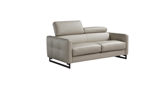 Mal two-seater sofa bed in light grey leather, angled view showing raised headrest and metal base