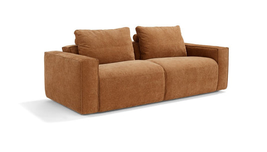 Tesoro sofa bed in rust fabric, three-quarter front view on white background