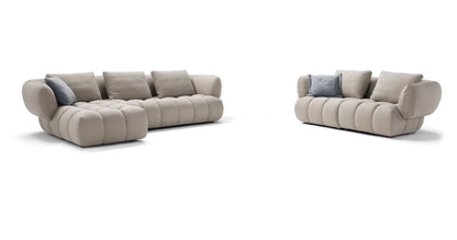 Abbracci sectional sofa and 3-seater sofa shown together in beige fabric on a white background