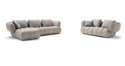 Abbracci sectional sofa and 3-seater sofa shown together in beige fabric on a white background