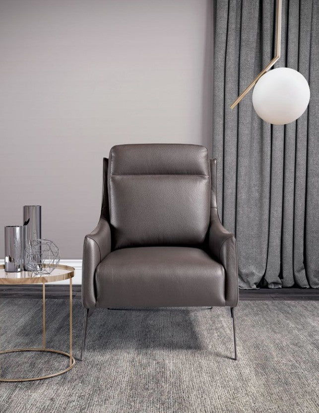 Front view of the Alicudi armchair in dark brown leather on slim metal feet