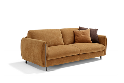 Angel sofa bed in ochre fabric, three-quarter view on white background with decorative cushions