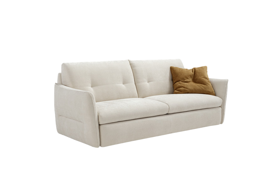 Bar sofa bed in cream fabric with an ochre cushion, three-quarter view on white background