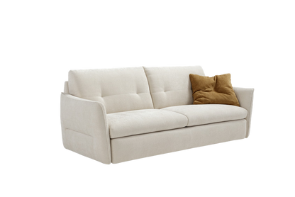 Bar sofa bed in cream fabric with an ochre cushion, three-quarter view on white background