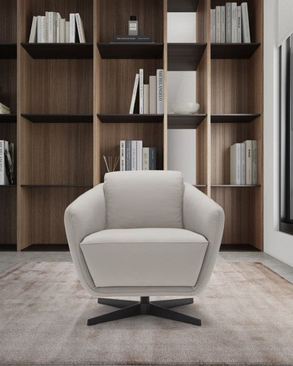 Benati armchair in light grey leather, front view on a soft rug in front of a wooden bookcase