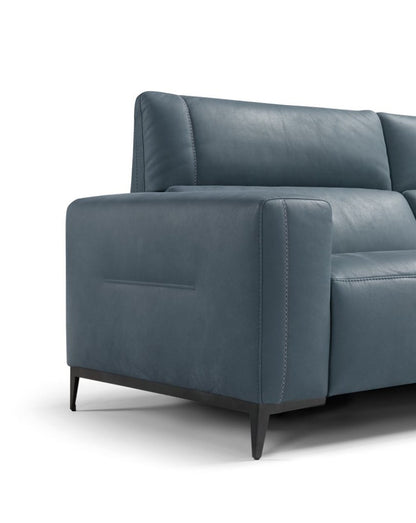 Detail of the Bertè armrest in blue leather with cross-stitching, double side stitching and metal foot
