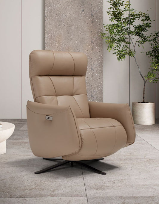 Bigeco power recliner armchair in taupe leather on a black four-spoke swivel base, three-quarter view in a contemporary living room