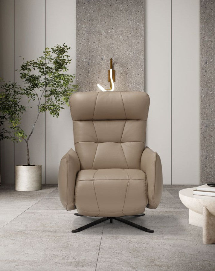 Front view of the Bigeco recliner armchair in taupe leather with quilted high backrest and swivel metal base