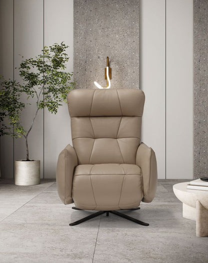 Front view of the Bigeco recliner armchair in taupe leather with quilted high backrest and swivel metal base