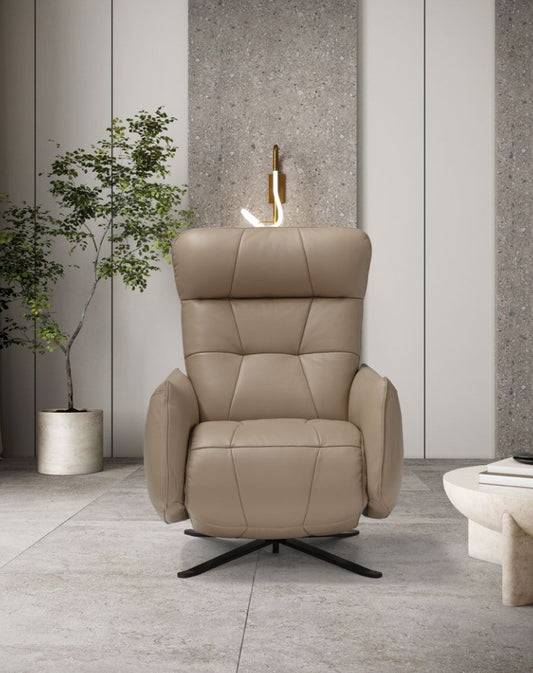 Front view of the Bigeco recliner armchair in taupe leather with quilted high backrest and swivel metal base