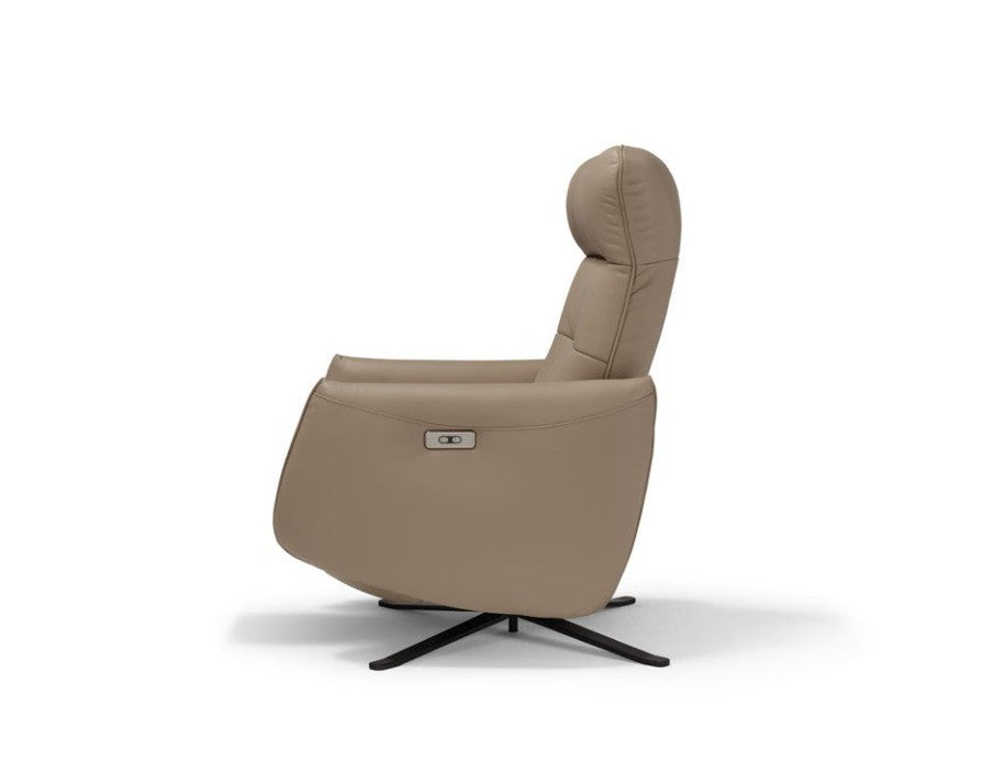 Side profile of the Bigeco recliner armchair in taupe leather showing the high backrest, armrest controls and four-spoke swivel base