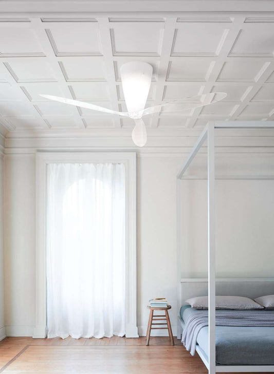 Luceplan Blow Ceiling Fan Light in a bedroom