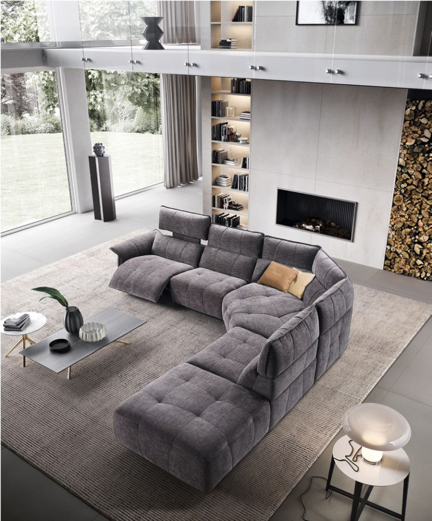 Overhead view of the Borg corner sectional in grey fabric with raised headrest and open recliner seat