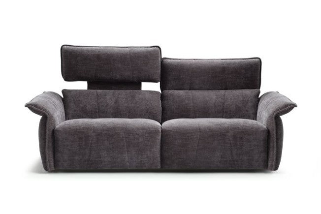 Borg two-seater sofa in dark grey fabric with one headrest raised and flared adjustable armrests