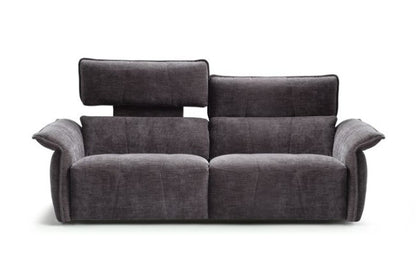 Borg two-seater sofa in dark grey fabric with one headrest raised and flared adjustable armrests