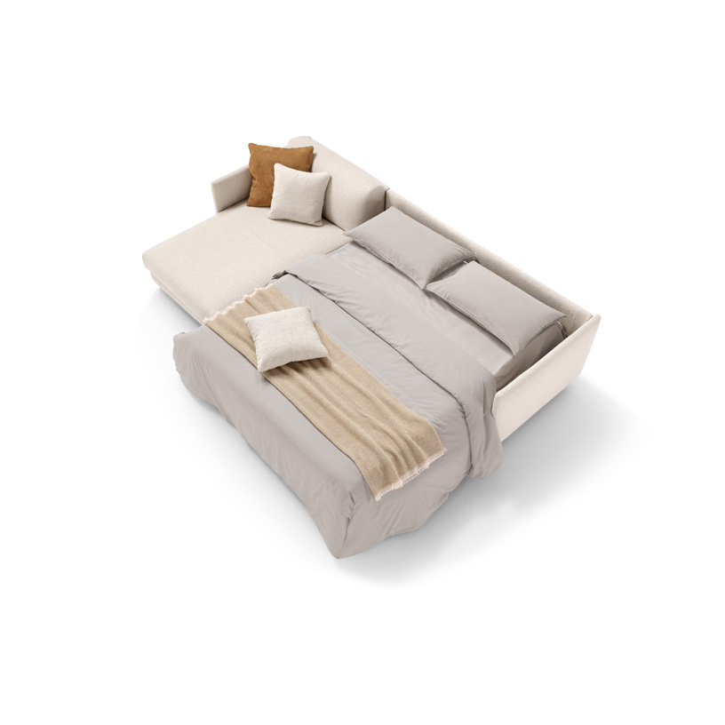 Costa sectional sofa bed with chaise longue in cream fabric opened into a bed, top view