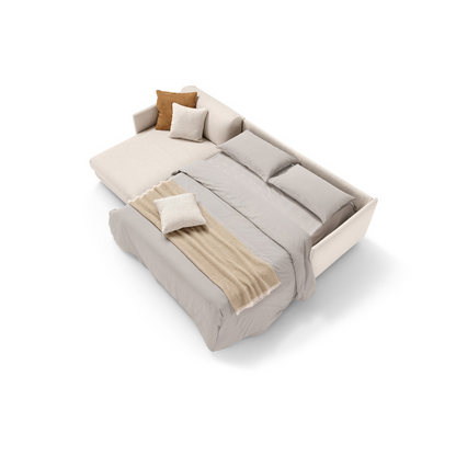 Costa sectional sofa bed with chaise longue in cream fabric opened into a bed, top view