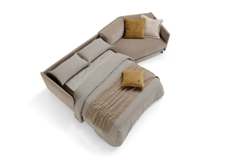 Costa sofa bed with angled element in taupe fabric opened into a bed, top view