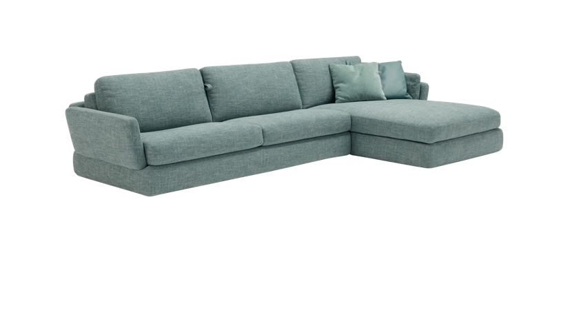 Dambo sofa bed with chaise longue in sage green fabric, front three-quarter view on white background