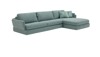 Dambo sofa bed with chaise longue in sage green fabric, front three-quarter view on white background