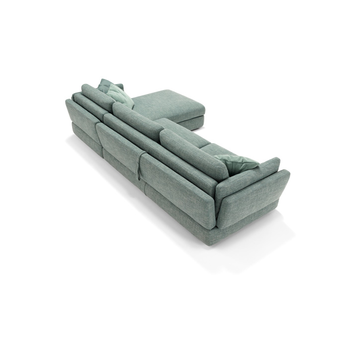 Dambo sectional sofa bed in sage green fabric, rear view showing the shaped armrests and back cushions