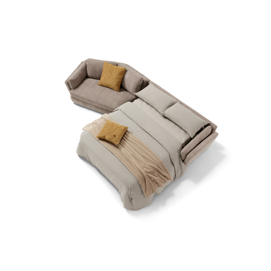 Dambo composition in taupe fabric with the sofa bed opened and made up with bedding, top view