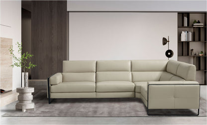 Daunia corner sectional sofa in light grey leather with black metal-framed armrests in a contemporary living room