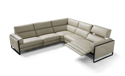 Daunia corner sectional sofa in light grey leather with electric recliner seat extended and headrest raised