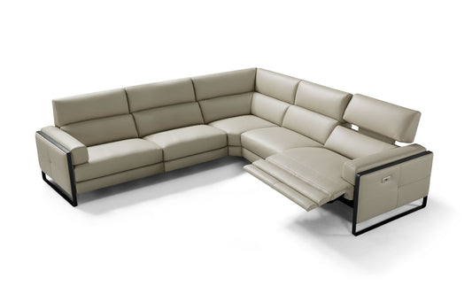 Daunia corner sectional sofa in light grey leather with electric recliner seat extended and headrest raised