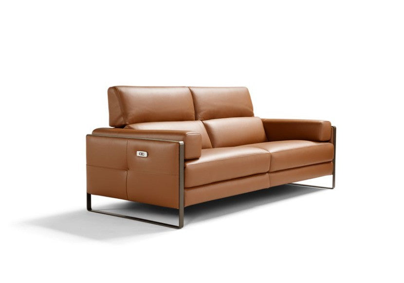 Daunia two-seater reclining sofa in cognac leather with bronzed metal-framed armrests