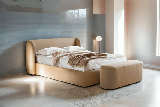 Elisa Bed in beige fabric with curved enveloping headboard and matching bench in a contemporary bedroom