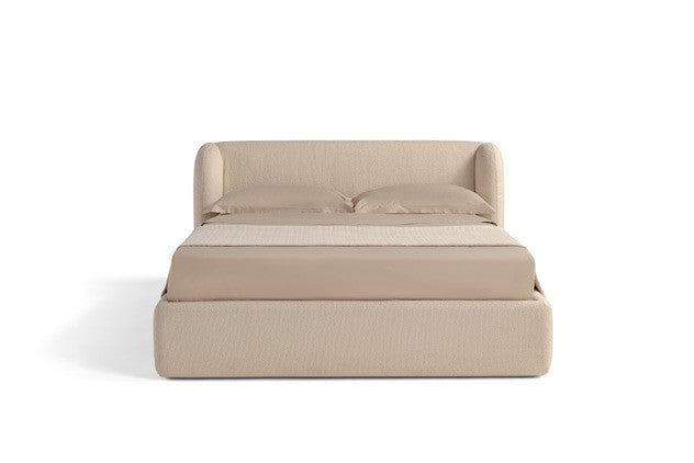 Elisa Bed front view in beige fabric with softly rounded wraparound headboard, on white background