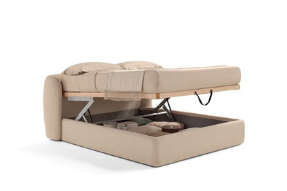 Elisa Storage Bed with double-lift mechanism raised to show the storage compartment under the bed base
