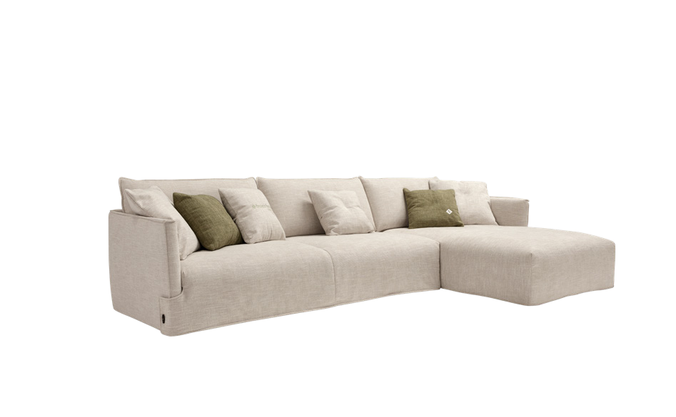 Fraser sofa bed with right chaise longue element in beige fabric, angled view