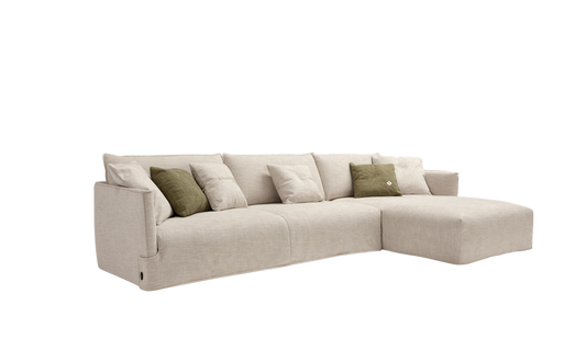 Fraser sofa bed with right chaise longue element in beige fabric, angled view