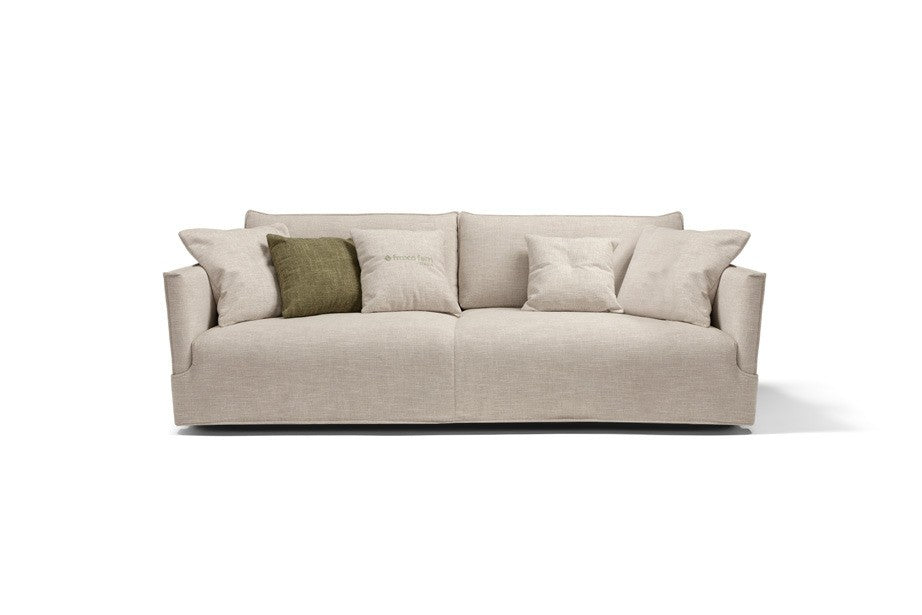 Fraser three-seater sofa bed in beige fabric with scatter cushions, front view