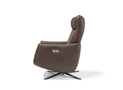 Giannetta armchair side profile in brown leather on a four-spoke black metal base with side control panel, white background