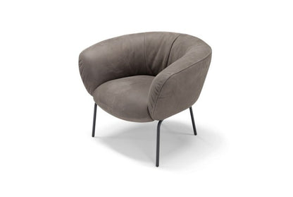 Jill armchair in taupe leather with a curved shell back and slim black metal legs, three-quarter view