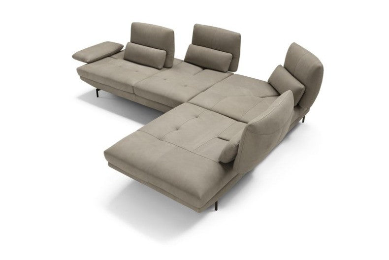 Le Bambole sectional with deep chaise seat, side back cushion and tilted armrest in taupe upholstery, top cutout view