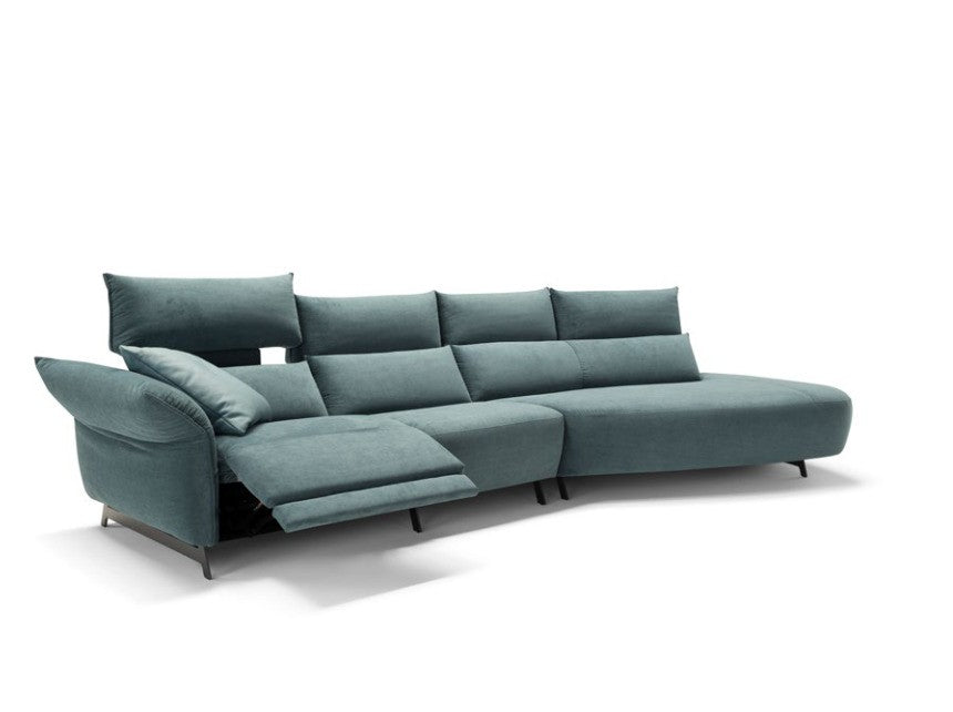 Levi Light sectional sofa in teal fabric with the electric recliner seat and footrest extended