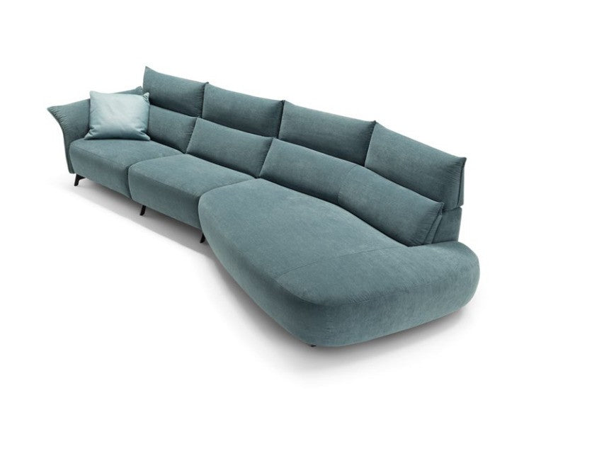 Levi Light sectional sofa in teal fabric with curved terminal element, seen from above