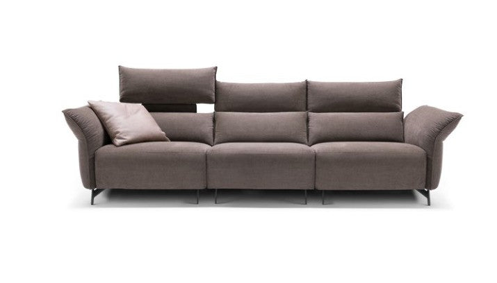 Levi Light three-seat sofa in taupe fabric with raised electric headrest and adjustable armrests
